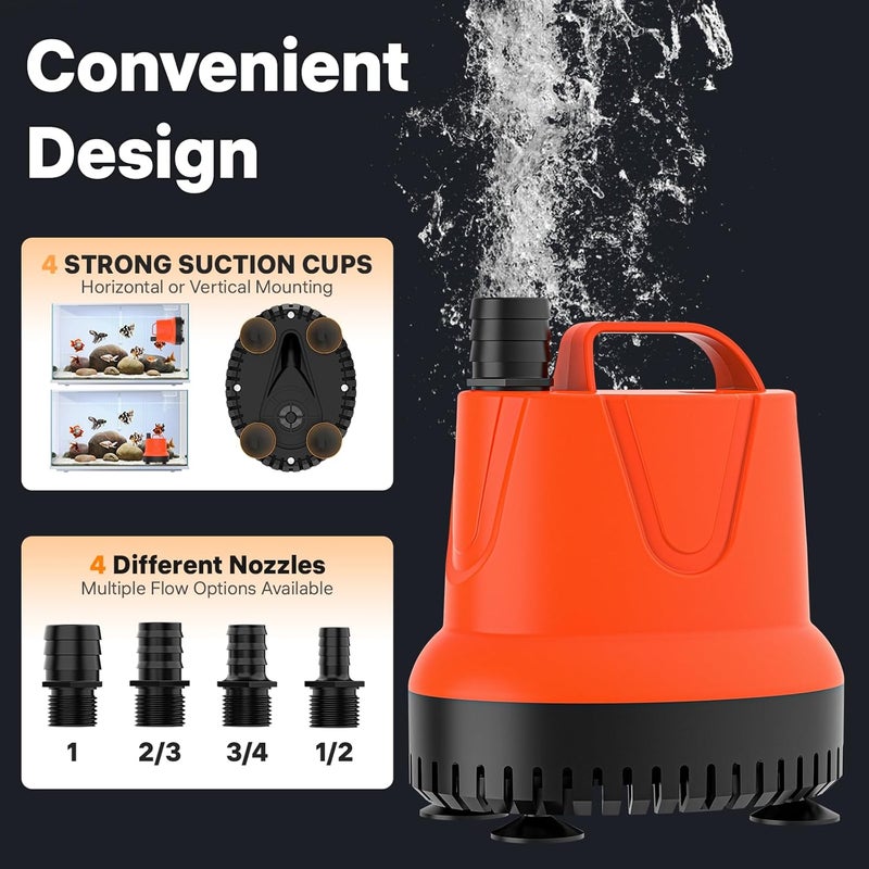 DOKO Small Submersible Water Pump, 850GPH Fish Tank Water Pump with 6FT Power Cord and Handle, Ultra Quiet Pond Pumps with 4 Nozzles and 4 Suction Cups, Pump for Fish Tank Pond Aquarium, Orange Black - Image 5